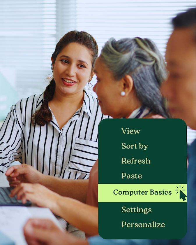 Graphic of people attending a computer class, with a menu highlighting “Computer Basics.”