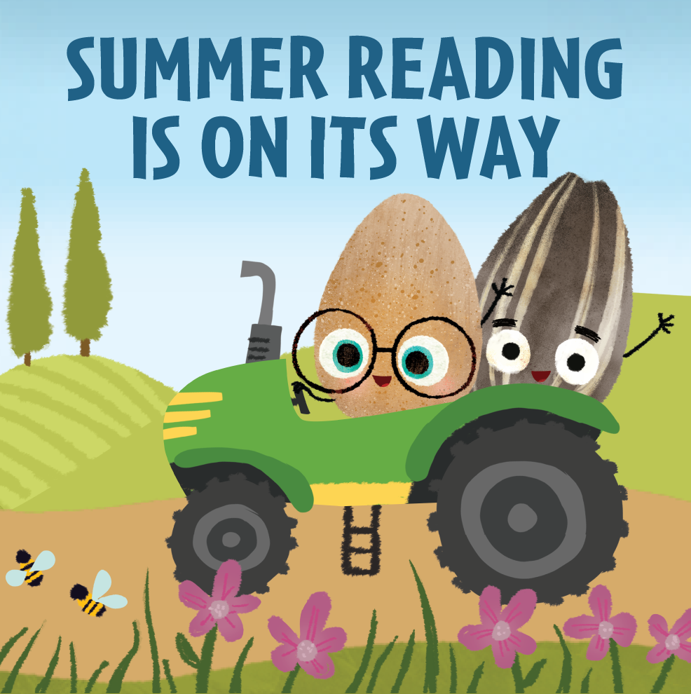 Graphic reading “Summer Reading Is on Its Way,” with cartoon seeds on a green tractor.