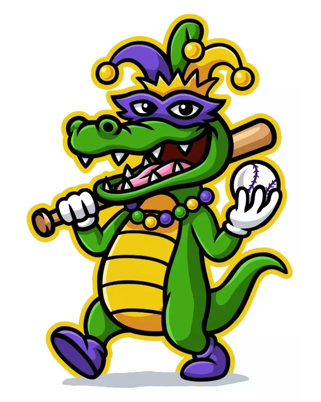 Image of a cartoon alligator playing baseball.