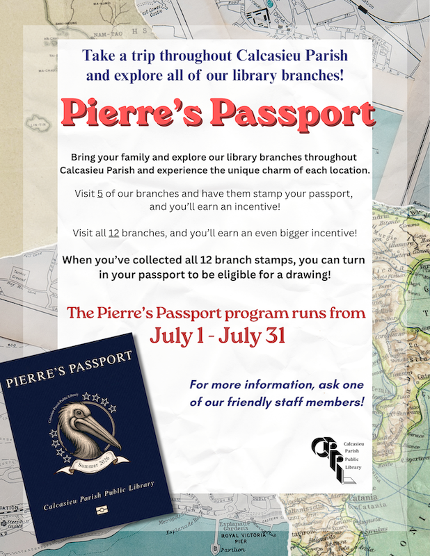 Flyer with a map background showing how to participate in Pierre’s Passport.