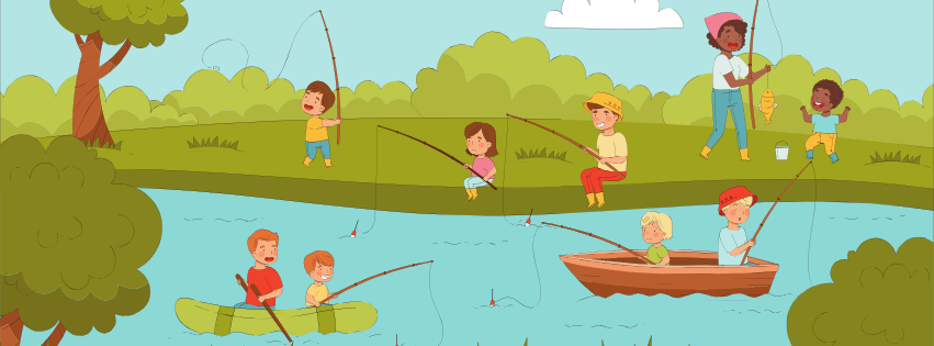 Cartoon scene of families fishing.