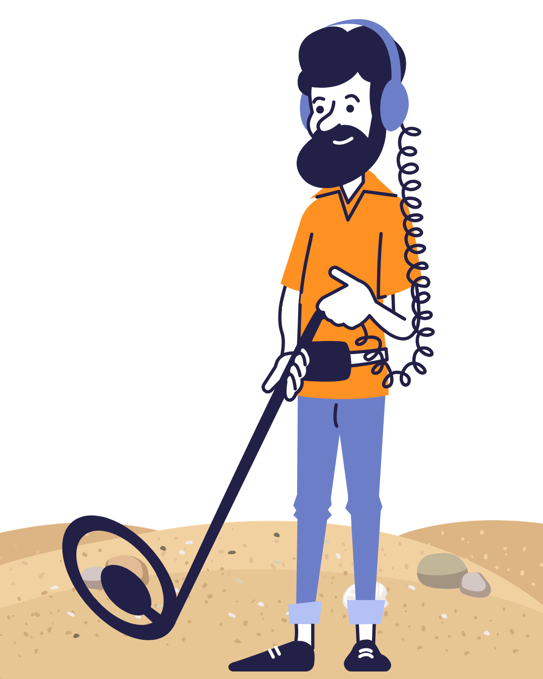 Cartoon man with metal detector.